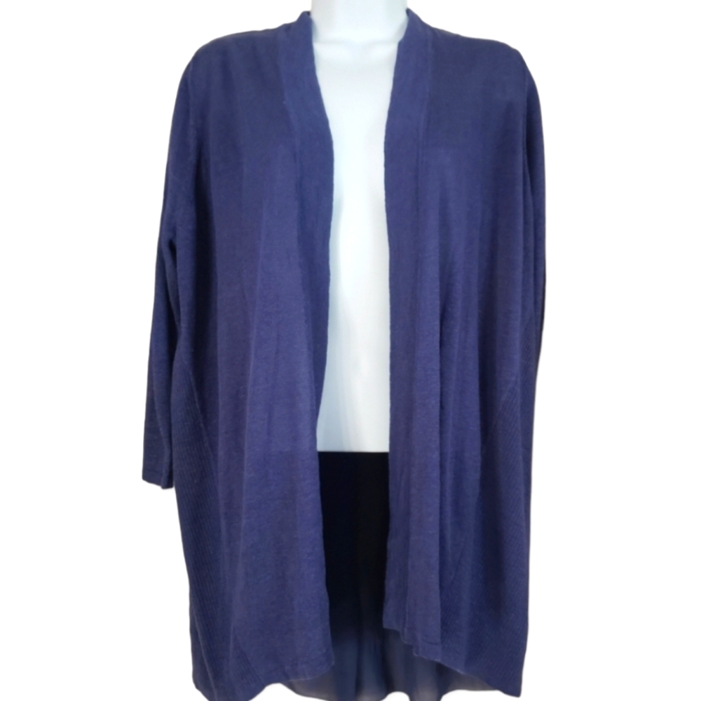 NWOT Chicos navy blue linen split back open front cardigan swester Womens Medium